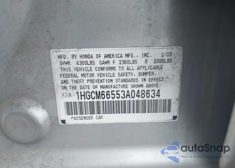 2003 Honda Accord 3.0 Ex z USA, uszkodzony, nr VIN 1HGCM66553A048634